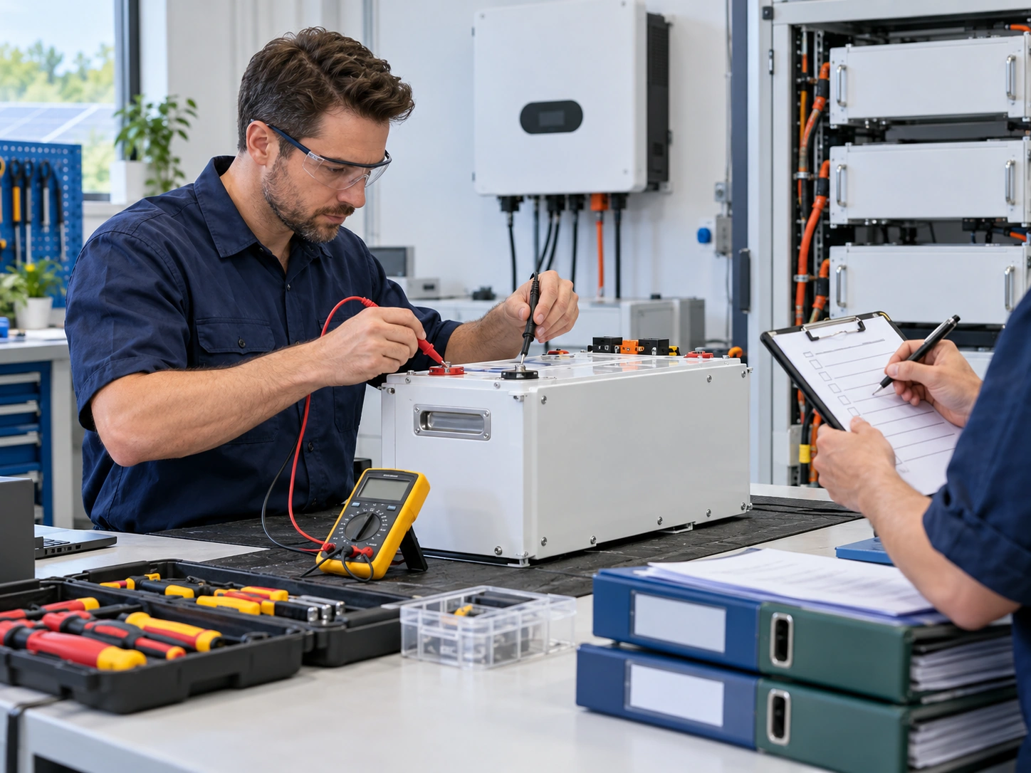Battery inspection and quality documentation review (concept illustration)