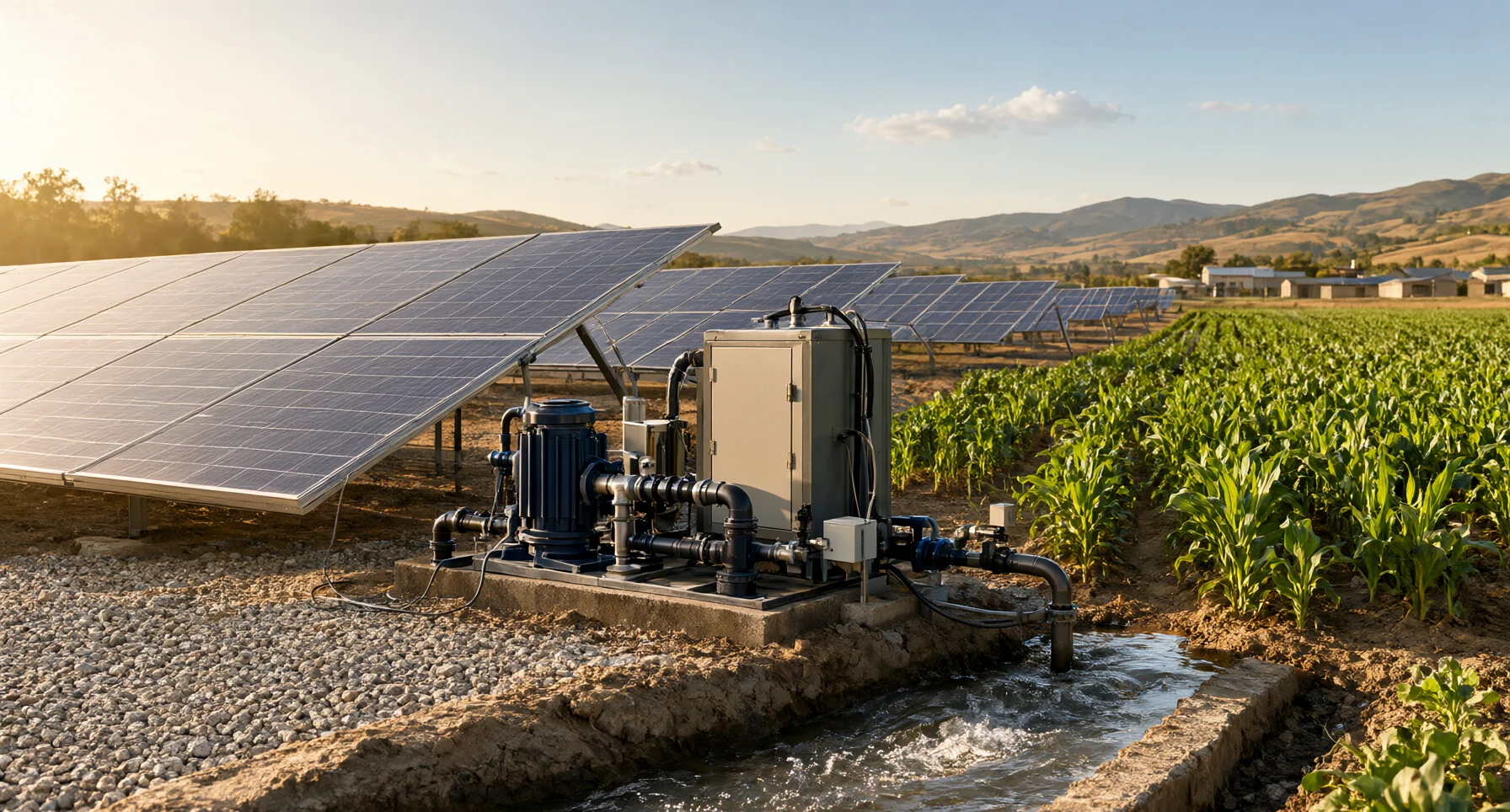 Solar water pumping system irrigating a crop field with ground-mounted solar panels