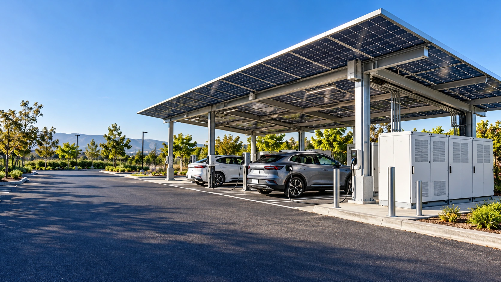 Commercial solar carport with EV charging stations and battery energy storage cabinet