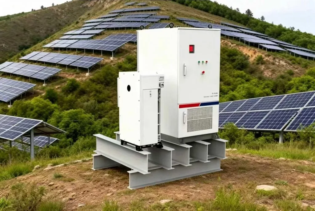 White outdoor energy storage cabinet on a steel skid base, installed on a hillside surrounded by terraced solar arrays