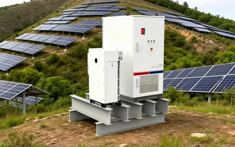 White outdoor energy storage cabinet on a steel skid base, installed on a hillside surrounded by terraced solar arrays