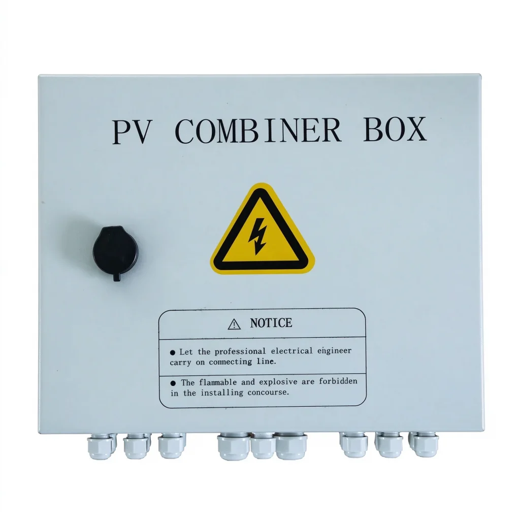 PV combiner box — front enclosure and safety markings